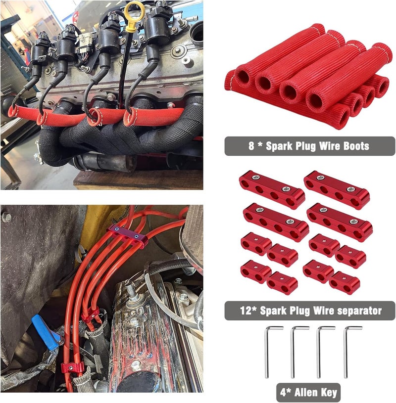 TuhooMall 12pcs Spark Plug Wire Separator Divider & 8pcs Spark Plug Boot Protector, Heat Shield Sleeve for 8mm-10mm Wires, 2500° Heat Shield, Aluminum Alloy Ignition Wire Divider, Red - Image 5